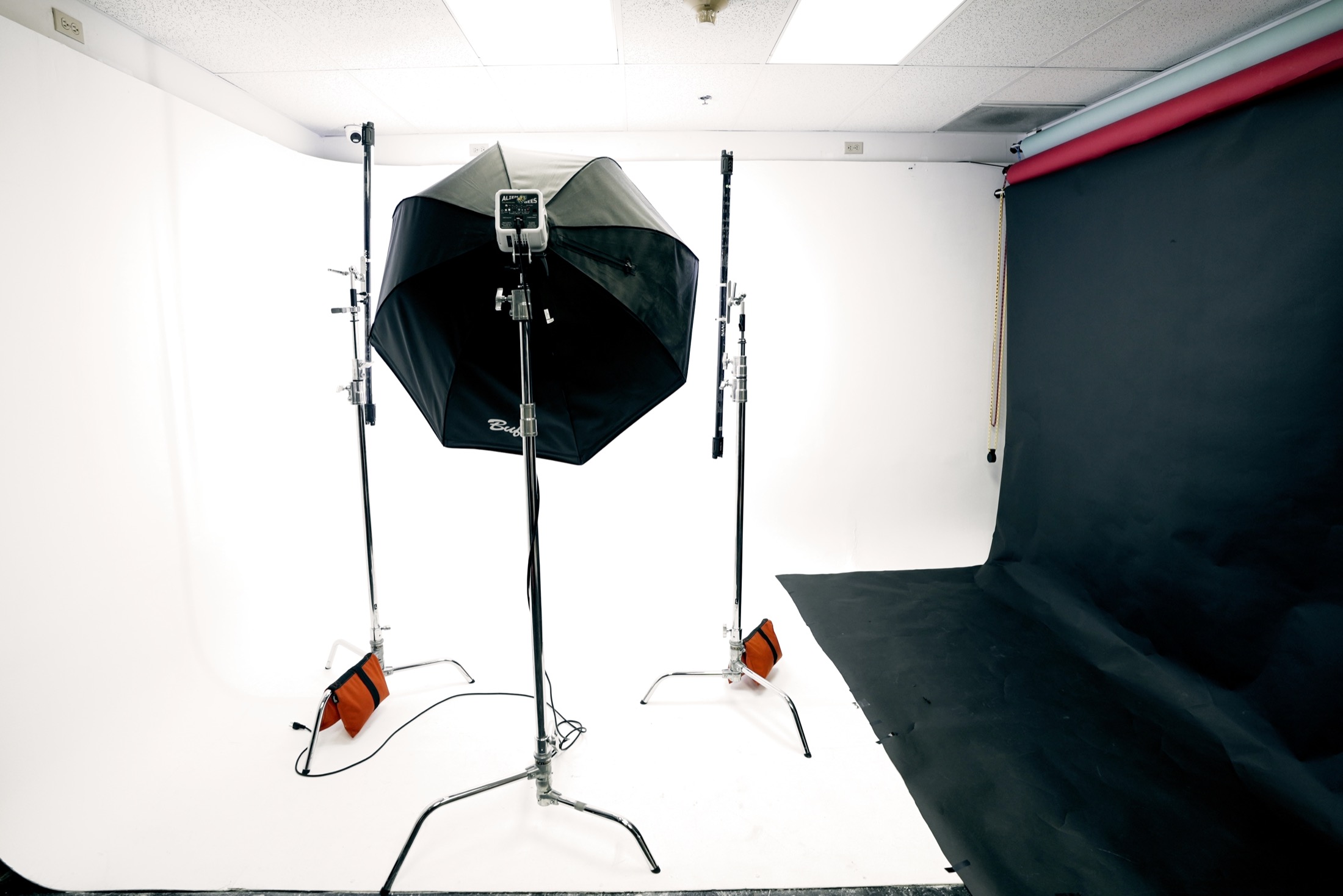 Wide view of All In Studios photography setup